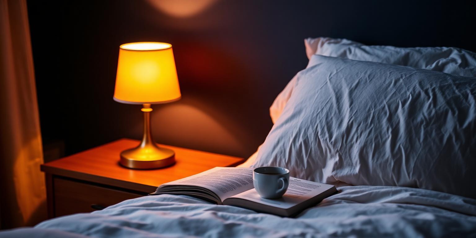 A cozy bedside scene with a softly glowing amber lamp, a book and tea on the nightstand